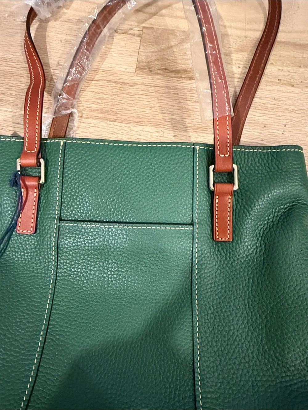 Dooney & Bourke Green Pebbled Leather Tote with Brown Straps